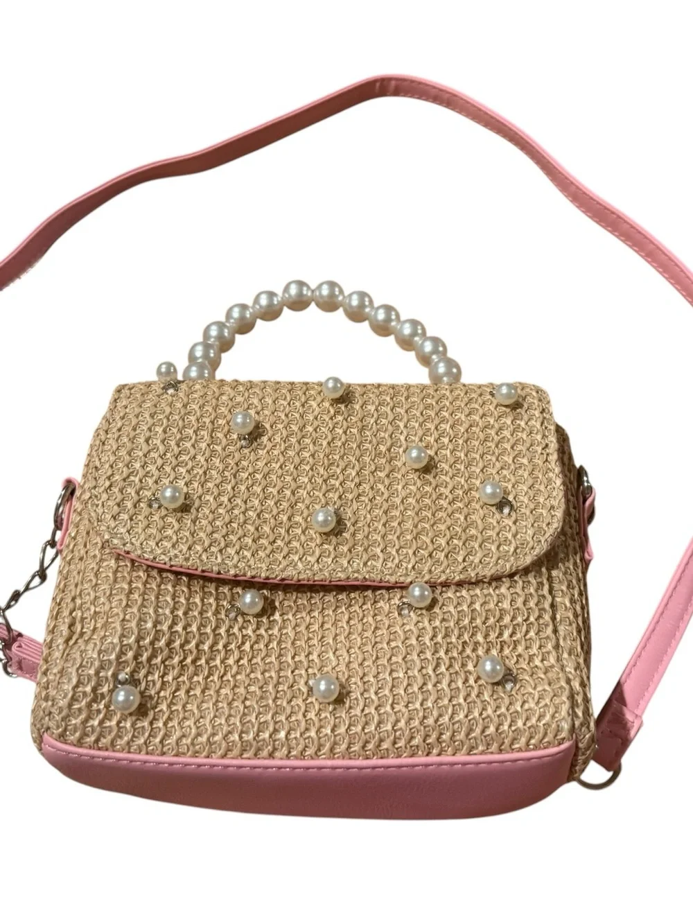 OMG Accessories Tan & Pink Pearl Detailed Convertible Bag